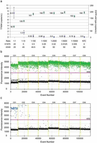 Figure 3. The detection threshold for the T790 M mutation was set using a mixture of EGFR wild-type DNA (from A549 cells) and T790 M mutant DNA (from H1975 cells). (a) Positivity was defined when the ratio of the T790 M mutant to the wild-type EGFR was 0.1% or more. (b) Fragmented template DNA from A549 cells was analyzed, and the threshold of fluorescence was set at 3,000. (c) Fragmented template DNA from H1975 cells was analyzed, and the threshold of fluorescence was set at 4,000.