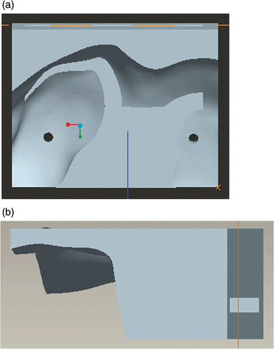 Figure 3. Design of the navigational templates. (a) Virtual femoral template. (b) Virtual tibial template.