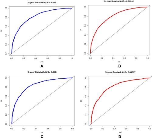 Figure 3 The ROC curve for predicting patient survival at (A) 3 years and (B) 5 years in the training cohort and at (C) 3 years and (D) 5 years in the validation cohort. The false positive (FP) rate is plotted on the X-axis, and the true positive (TP) rate is plotted on the Y-axis.