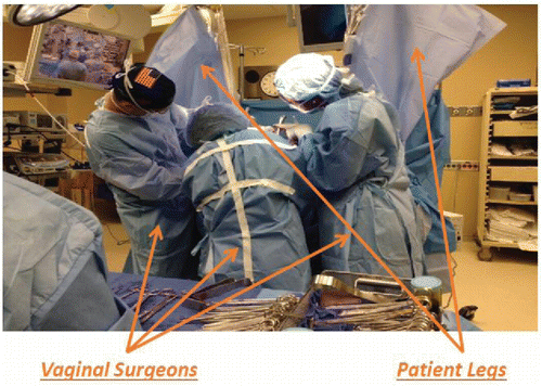 FIGURE 1 Primary (in the middle) and assisting vaginal surgeons (sides) performing a vaginal surgery.