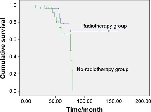 Figure 2 OS in radiotherapy group and no-radiotherapy treatment group (P=0.029).