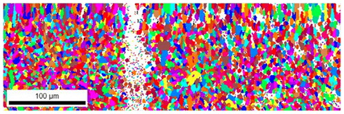 Figure 19. Example of type IV failure, location and electron backscatter diffraction image across HAZ; creep damage indicated by white regions in colour mapCitation82