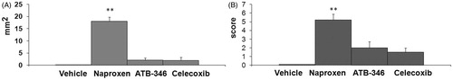 Figure 2. Area (panel A) and score (panel B) of the gastric lesions of rats treated with vehicle, naproxen, ATB-346 or celecoxib. Results are expressed as the mean ± SD for eight rats per group; *p < 0.05, **p < 0.01 versus the indices of vehicle-treated group (data were compared using ANOVA Fisher’s Protected Least Significant Difference test, differences with p value <0.05 were considered as significant).