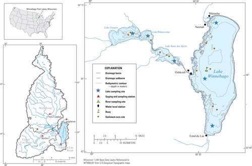 Figure 1. Winnebago Pool lakes, Wisconsin, with their complete watersheds (with tributary monitoring sites identified) in the left panel, and with the area around the lakes enhanced to identify the morphometry and inlake sampling sites in the right panel.