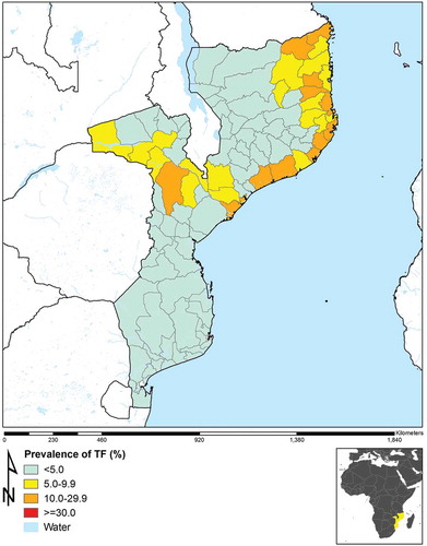 Figure 1. Prevalence of trachomatous inflammation–follicular (TF) in those aged 1–9 years in 96 population-based prevalence surveys, Mozambique, 2012–2015.