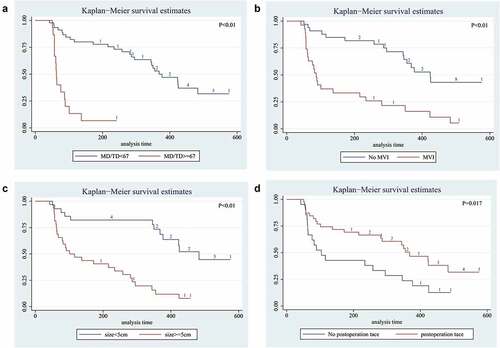 Figure 1. Long-term survival outcomes in HCC using Kaplan-Meier’s analysis:A. Survival time of mutation frequency in HCC. The results shown that the patients with MD/TD≥67 had shorter median survival time; B. MVI positive shown worse survival time; C. Tumor size >5 cm had worse result shorter survival time; D. Patient had not been postoperative tace had worse median survival than patients without satellite nodules. P value was assessed using the log-rank test.