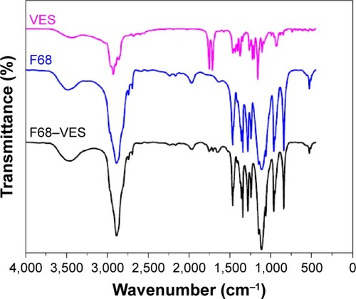 Figure 3 FTIR spectrum of F68–VES polymer.Abbreviations: F68, Pluronic F68; VES, vitamin E succinate; F68–VES, Pluronic F68-conjugated vitamin E succinate; FTIR, fourier transform infrared.