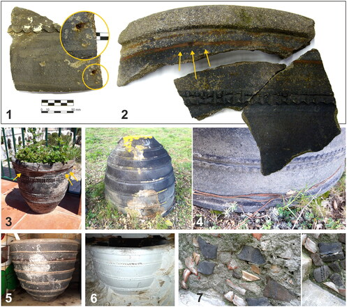 FIG 9 Repairs and endurance of cossis from Quart in the Gavarres area. Archaeological samples with remains of staples (1) and metal wire repairs (2), metal wires visible in cossis still in use (3) or abandoned (4), cossi still kept in Can Punton house (5), embedding of a cossi within the structure of a building (6), and fragments of greyware pottery recycled within the walls of a building in Girona (7).