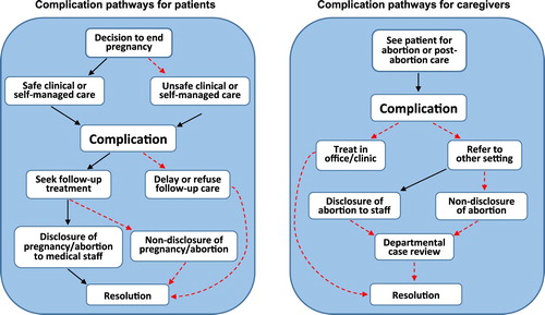 Figure 2. Pathways to abortion complicationsNote: Dotted arrows represent points along the pathway where stigma can have an impact, as evidenced in the stories above.