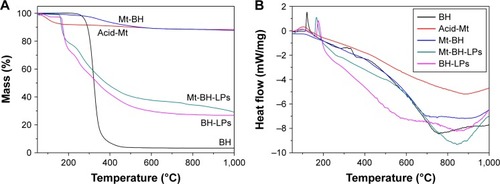Figure 7 (A) TGA and (B) DSC pattern of BH, acid-Mt, Mt-BH, BH-LPs, and Mt-BH-LPs.Abbreviations: TGA, thermogravimetric analysis; DSC, differential scanning calorimetry; Mt-BH-LPs, montmorillonite–betaxolol hydrochloride liposomes; BH, betaxolol hydrochloride; Mt, montmorillonite.