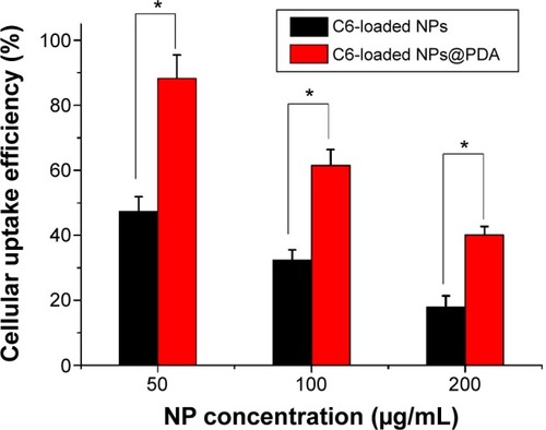 Figure 7 The cellular uptake efficiency of C6-loaded NPs and C6-loaded NPs@PDA at different NP concentrations.Note: Data represent mean ± SEM (n=3; *P<0.05).Abbreviations: C6, coumarin-6; NP, nanoparticle; NPs@PDA, NPs that had their surfaces modified with PDA; PDA, polydopamine; SEM, standard error of the mean.