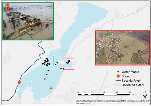 Figure 5. Observed flood extent, hotspot focus areas (green and red boxes) and watermarks (control points). The green box (top left) captures the inundation in Bastiglia; the red box (right) shows the inundation extent in Bomporto.