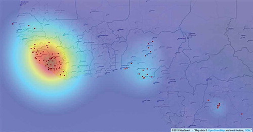 Figure 4. The TWSFβ scalar field for the Ebola outbreak. It captures three regions of outbreak, the main region which includes the origin of the outbreak (dark red) in the most west part of the map and two secondary regions in Nigeria and Democratic Republic of Congo (light blue). The red dots are the points of the dataset. Open.mapquest was used.