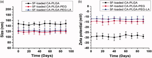 Figure 2. Stability of 5 F-loaded NPs in vitro. (a) Particle size and (b) zeta potential of 5 F-loaded CA-PLGA, CA-PLGA-PEG and CA-PLGA-PEG-LA NPs during 90 days of storage, respectively.