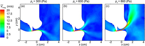 Figure 8. The mean velocity magnitude contours of the airflow for the flat-[f] model with a tooth gap height of 1.0 mm at subglottal pressures of (a) 300, (b) 600, and (c) 860 Pa at 0.2 s.