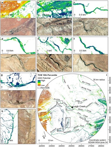 Figure 7. Results of the TCW 10th percentile (wetness) parameter, showing: (a–h) model ‘control’ locations where GDEP was expected to be high (with corresponding high-resolution image); and (i) the spatial distribution of the TCW 10th percentile (wetness) parameter mapping results over the study area and the location of each subset.