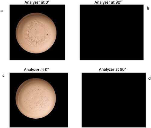 Figure 8. Representative PLI for a 0.5 mL droplet processed inside a glass vial. Panels a and b were taken immediately after LAD processing and panels c and d were taken after storage for one month at room temperature. Images a and c were taken with both the polarizer and analyzer orientation at 0°. Images b and d show the crossed-polarizer images. No crystallization is evident in this sample.