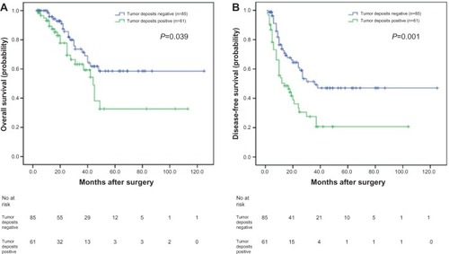 Figure 1 Analyses of overall survival and disease-free survival according to the status of tumor deposits in synchronous colorectal liver metastases (SCRLM) patients.