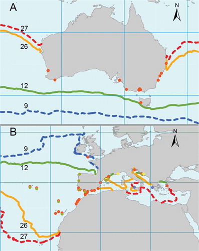 Fig. 3. The sample locations (dots) within the native range (A) and the region of introduction (B) are reported. The reported isotherms on both maps are the annual mean maximum and minimum sea surface temperatures bordering the distribution range of Dictyota cyanoloma within the native region (full lines) contrasted with the annual mean maximum and minimum sea surface temperatures bordering the distribution within the introduced range (dashed lines). A distinction is made between samples from this study (red), earlier published records (green), photographic evidence (blue) and herbarium samples (yellow).
