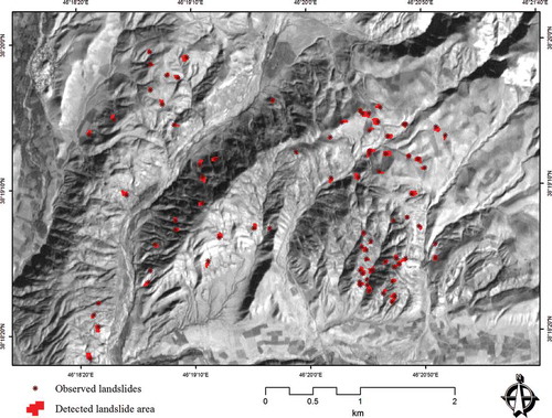 Figure 9. Landslide areas delineated by OBIA from IRS-ID satellite images (Feizizadeh and Blaschke Citation2013c).