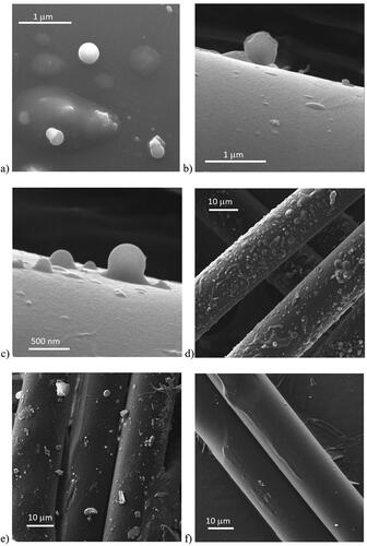 Figure 8. SEM images from San Rafael furnace filters. (a)–(c) Spherical, carbonaceous, submicron tar balls collected during wildfires. (d) Typical fiber surfaces from wildfire filter. (e) Typical fiber surfaces from background filter. (f) Typical fiber surfaces from blank filter.