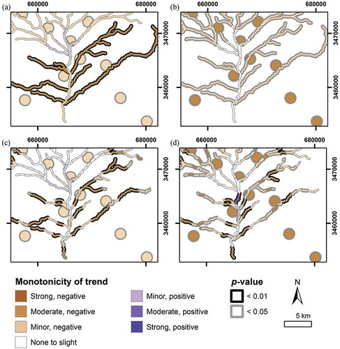 Figure 7. Results of Mann–Kendall test applied to NDVI and NDII showing the monotonicity of the temporal trend in vegetation greenness and water content. The degree of monotonicity (τ) is signified by color, p values are signified by the border. (a) Major zone NDII trend. (b) Major zone NDVI trend. (c) Minor zone NDII trend. (d) Minor zone NDVI trend. Projection is WGS84 UTM 12N.