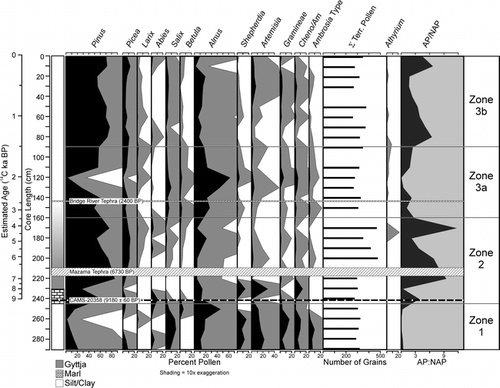 FIGURE 6. Lithostratigraphy and relative pollen percentages from Lower Burstall Lake