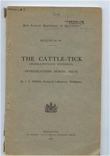 Figure 1. Cover of Myers’ (Citation1924) classic study of the New Zealand cattle tick. Photo: A.C.G Heath
