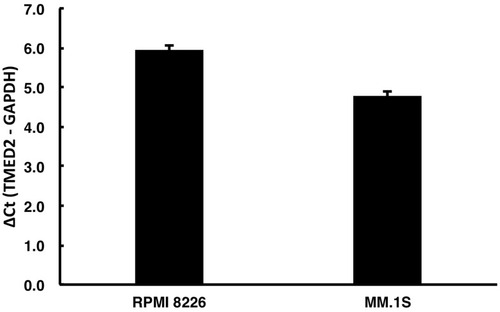 Figure 1 The level of the TMED2 mRNA in RPMI 8226 and MM.1S cell lines. The expression of TMED2 mRNA was measured using RT-qPCR, with the constitutively expressed GAPDH mRNA serving as an internal control.