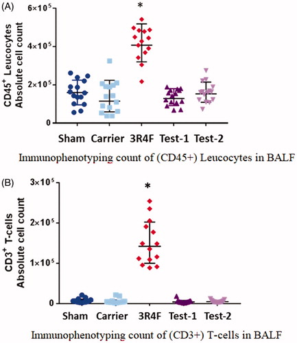 Figure 1. Bronchoalveolar lavage fluid (BALF) cytology. (A) Immunophenotyping count of (CD45+) leucocytes in BALF. (B) Immunophenotyping count of (CD3+) T-cells in BALF. The absolute numbers of CD45+ leucocytes or CD3+ T-cells in the BALF increased significantly in the 3R4F group compared to the Sham Control, but remained unchanged in the e-vapor groups. There were no significant differences between e-vapor groups. *Statistically different compared to the Sham Control (p<.05).