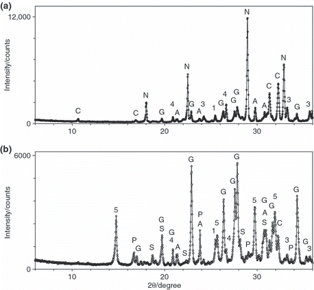 Figure 4 Sections of the X-ray diffraction patterns of (a) NPK-1 and (b) NPK-2. A, arcanite; C, chlorapatite; G, gwihabaite; N, nitramite; P, biphosphamite; S, (NH4)5(NO3)3SO4; 1, anhydrite; 3, hematite; 4, quartz; 5, bassanite.