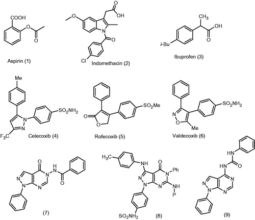Figure 1. Chemical structures of traditional NSAIDs; aspirin (1), indomethacin (2) and ibuprofen (3), selective COX-2 inhibitors; celecoxib (4), rofecoxib (5), and valdecoxib (6) and reported pyrazolo[3,4-d]pyrimidine derivatives (7–9) with anti-inflammatory activity.