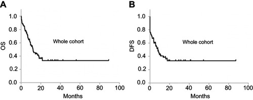 Figure 1 Prognostic analysis of all 76 patients. (A) Overall survival of all 76 AMLFLT3-ITD+/NPM1+ patients. (B) Disease-free survival of all 76 AMLFLT3-ITD+/NPM1+ patients.Abbreviations: OS, overall survival; DFS, disease-free survival.