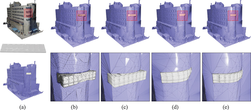 Figure 11. Comparisons of different fusion methods on the smooth and non-planar façade: (a) meshes S, Q and S ′, (b) voxel-based, (c) BSP-based, (d) Fusion360, (e) proposed. Façades often deviate from simple planar configurations. For such structures, creating compatible components tailored to various shapes is essential. A parameterization-based methodology allows using a standardized component to reconstruct geometric structures across uniquely shaped façades. However, preserving the original building’s topological integrity is vital, a principle our method carefully upholds.