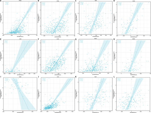 Figure 9 Relationship between CD19 expression in certain cancers and the ESTIMATE score of the TME. (A) PRAD, (B) STAD, (C) GBM, (D) ESAD, (E) UVM, (F) LUSC, (G) OSCC, (H) MESO, (I) DLBC, (J) LGG, (K) TGCT, (L) READ.