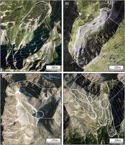 Figure 5. Aerial photographs showing the delineation of rock glaciers and their fronts (white solid lines) as well as contributing areas (white dashed lines); note well-defined ridge-and-furrow topography on some of the rock glaciers. (A) Relict debris rock glacier in the Spálená Valley, Western Tatra Mts.; (B) relict debris rock glacier in the Świstówka Roztocka Valley, High Tatra Mts.; (C) intact talus and debris rock glaciers forming a multipart rock glacier in the Batizovská Valley, High Tatra Mts.; (D) intact and relict talus and debris rock glaciers forming a multipart rock glacier in the Slavkovská Valley, High Tatra Mts. All the figures have a northern orientation.Note: Parts of other rock glaciers and their contributing areas extending into the images are not highlighted.