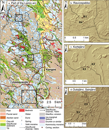 Figure 3. Maps of the field area with details of the four sites. (A) Quaternary deposits map (SGU Citation2014). See Figure 1 for location within Sweden. (B) Hillshade for Rauvospakka. (C) Hillshade for Kortejärvi. (D) Hillshade for Outojärvi and Sainjärvi. Coring locations (K2, O3, S3), trenches (R1, R2), and road cuts (K3) are marked with red dots. Elevation data in (B)–(D) from Lantmäteriet (Citation2015).