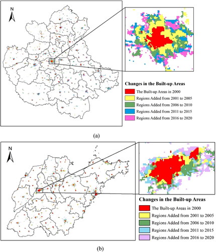 Figure 5. Changes in the built-up areas in the study area from 2000 to 2020: (a) Central Plains Urban Agglomeration and (b) Shandong Peninsula Urban Agglomeration.