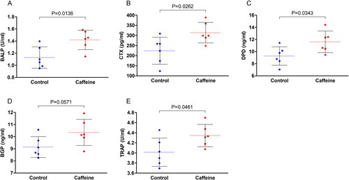 Figure 3. Serum levels of bone metabolism-related biomarkers. Scattered dot plots for the serum levels of (A) bone specific alkaline phosphatase (BALP), (B) C-terminal telopeptide of type I collagen (CTX), (C) deoxypyridinoline (DPD), (D) bone gla-protein (BGP), and (E) tartrate-resistant acid phosphatase (TRAP). the dashed line represents the mean of each group and error bars represent the SD. Numerical data was presented in the form of mean ± SD. The statistical difference between the two groups was analyzed by unpaired t test. Significance was considered when p ≤ 0.05.