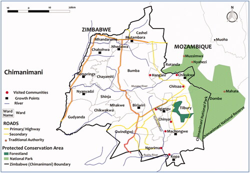 Figure 1. Map showing Machongwe, Kopa and other locations in Chimanimani.