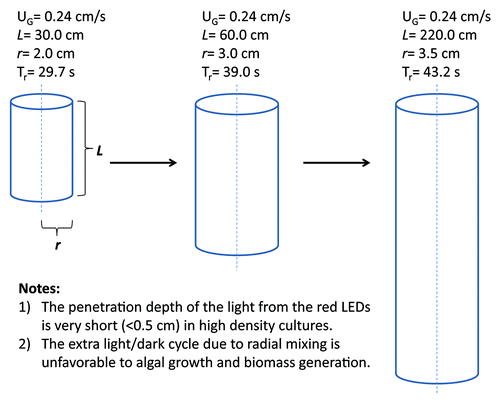 Figure 2. Illustration of the effect of bubble column PBR size on radial mixing times. Tr represents radial mixing time, calculated according to Rubio et al.Citation26 UG refers to the superficial velocity of input gases. L and r are the length and the radius of the PBR, respectively.