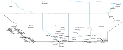 Figure 4. Locations of the hydrometric stations used in this study (Western Canada).