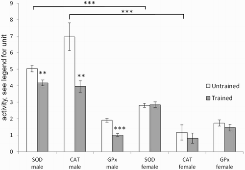 Figure 3. Effects of gender and training on SOD (U/mg protein), CAT (H2O2/minute/mg protein), and Gpx(μmol NADPH oxidized/minute/mg protein) in gastrocnemius muscle of untrained (white histogram) and trained rats (gray histogram). Values are means ± SEM. A two-way ANOVA and the Student’s t-tests were used to compare trained vs. untrained and female vs. male rats, **P < 0.01, ***P < 0.001.