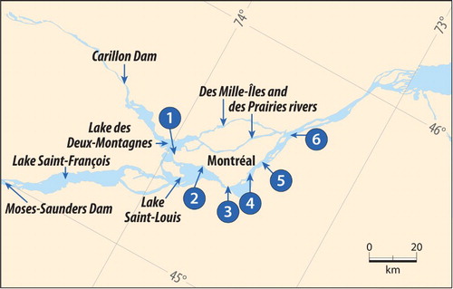 Fig. 3 Position of the water level gauges around the Montréal Islands.