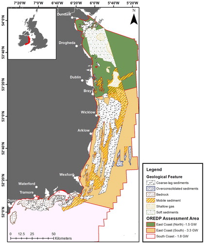 Figure 7. Geological and geotechnical constraints mapped in the Irish Sea superimposed on OREDP assessment areas.