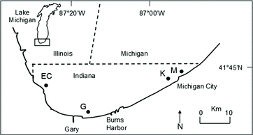 Figure 1. Location of four sample sites (M, K, G, and EC) located in the Indiana waters of Lake Michigan from 2007 to 2012.
