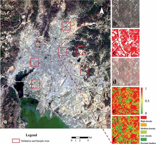 Figure 3. Randomly selected validation and sample areas in study area (a); QuickBird image (0.6 m) of one of the validation and sample area (b); a binary map of impervious versus non-impervious pixels extracted using object-oriented classifier (c); grid matching with Landsat 8 Oli image pixels (d); calculated subpixel results of the impervious surface density in the validation and sample area (e); categories of impervious surfaces of the validation and sample area (f).