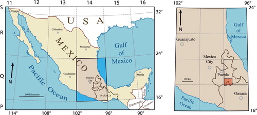 Figure 1. (a) Geological Sheet Tehuacán location at southern Mexico, at the border area between Puebla and Oaxaca states. (b) The area in brown color corresponds to the Geological Sheet Tehuacán (14Q-i-(10)), it is referenced to 1:100,000 scale UTM cartographic grid.