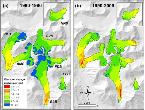 Fig. 3 Annual surface elevation change rate dh/dt, for study glaciers: (a) 1960–1990; and (b) 1990–2009. Glacier names are abbreviated as follows: Bertilbreen (BLB), Svenbreen (SVB), Vestre Muninbreen (VMB), Austre Muninbreen (AMB), Ferdinandbreen (FDB), Elsabreen (ELB) and an unnamed glacier referred to as NNB in this study.