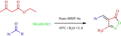 Scheme 1. Sonochemical synthesis of 3-methyl-4-arylmethylene isoxazole-5(4H)-ones using SnII-Mont K10.